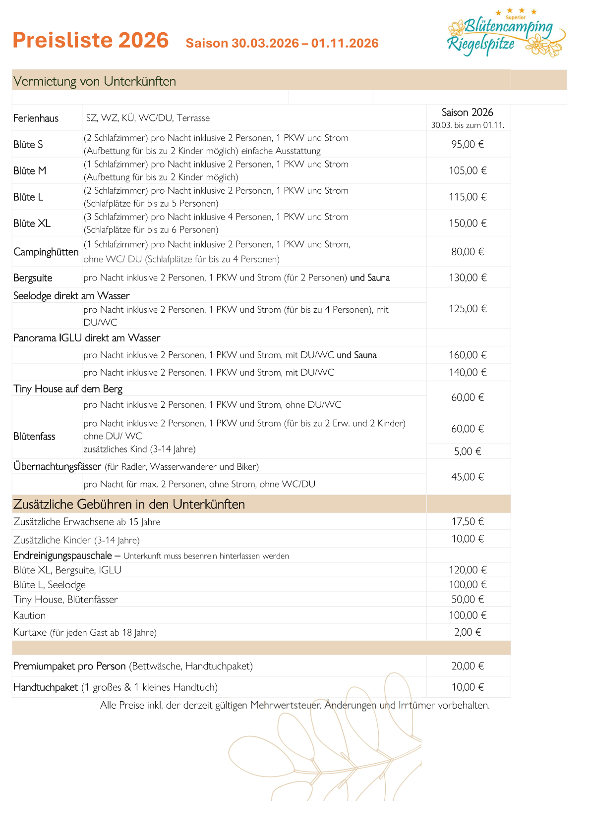 Preisliste 2026 Unterknfte